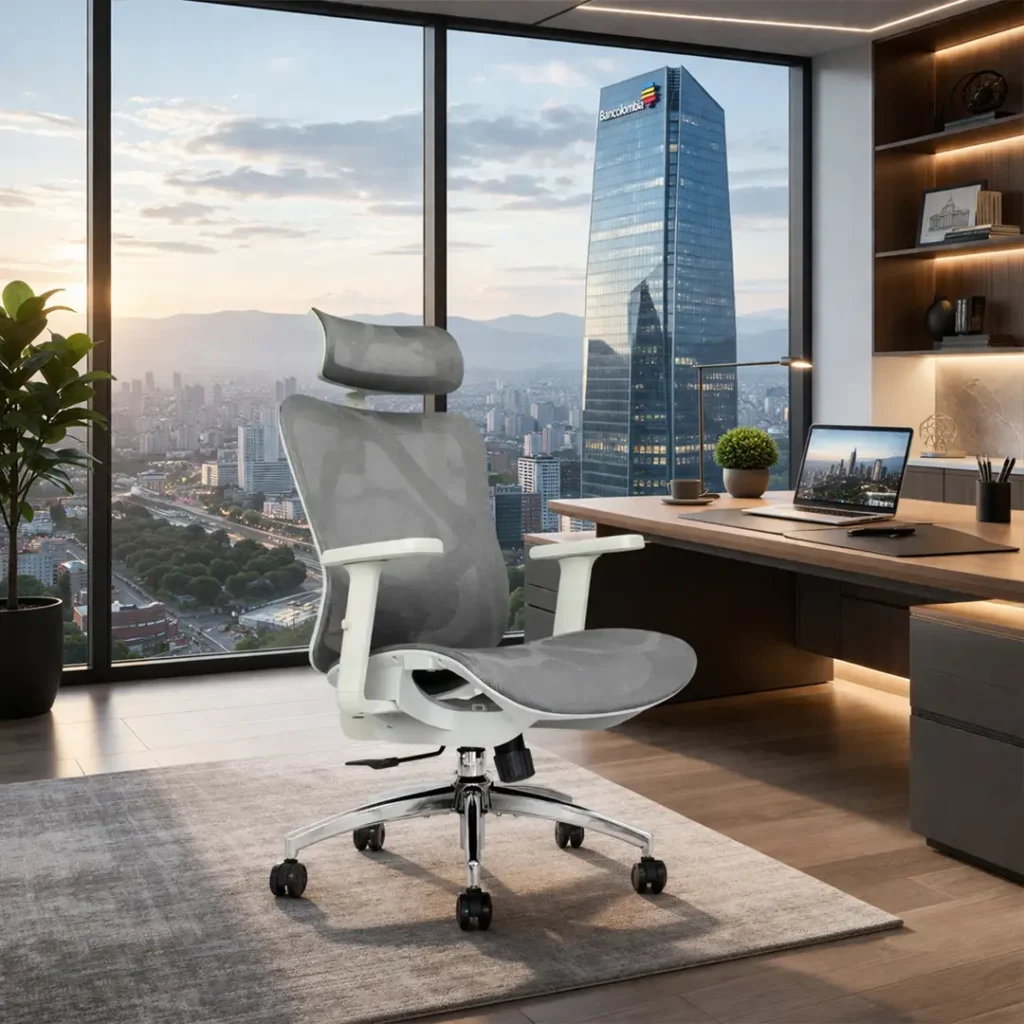 Silla ergonómica Bahía gris en un puesto de trabajo